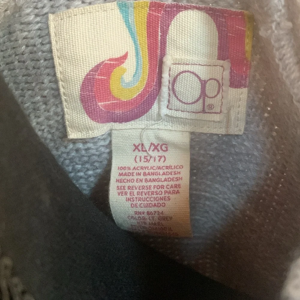 OP‎ Ocean Pacific juniors grey sweater vintage 15-17 Pom Pom strings hooded